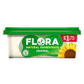 A 250g tub of Flora Original spread with a green lid, sunflower image, and "Natural Ingredients" and "Palm Oil Free" on the label—ideal for a healthy breakfast. Price: £1.75.